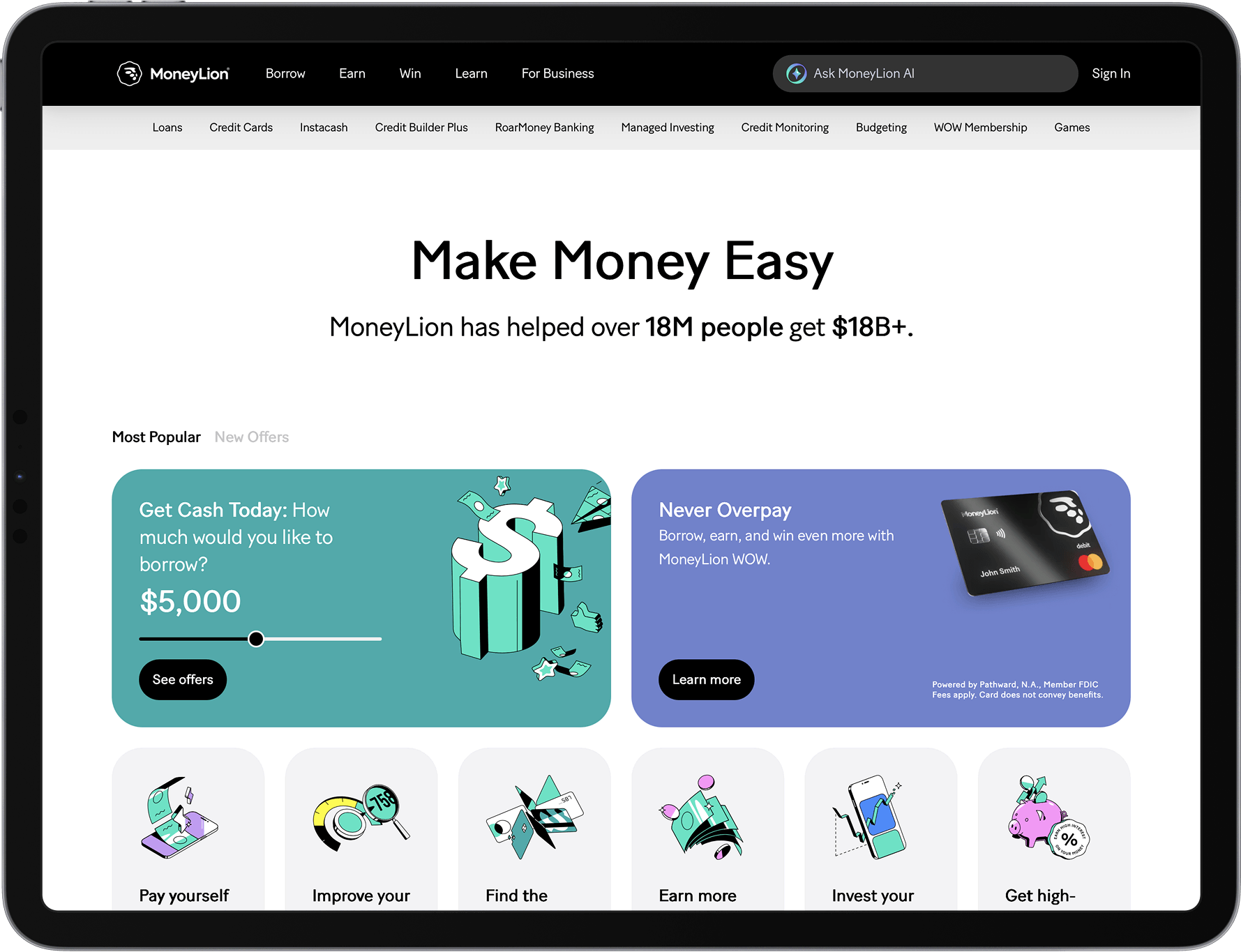 Example screenshot of the MoneyLion app